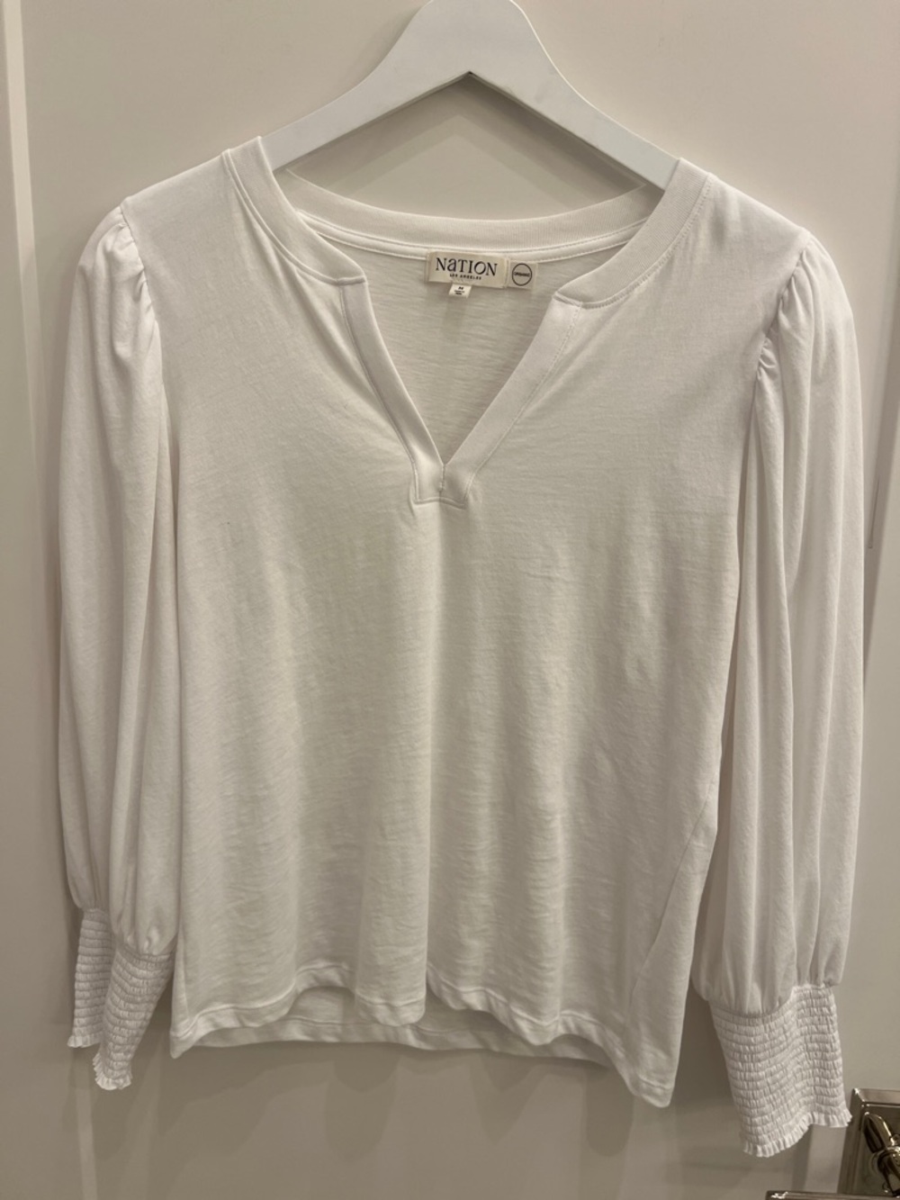 White Split V-Neck Puff Sleeve Top with Smocked Cuffs